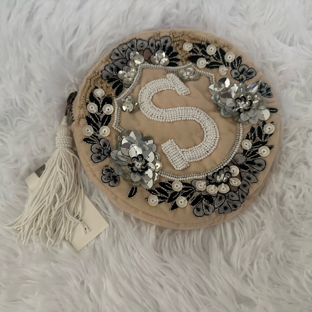 Embellished Beige and Silver Clutch Anthropologie S initial Anna Harlow new